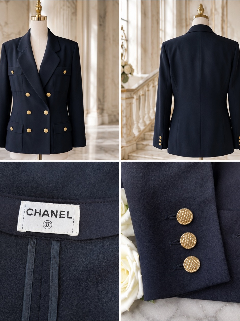 CHANEL Black Double-Breasted Wool Blazer & Skirt Set with Gold Buttons - Picture 4 of 17